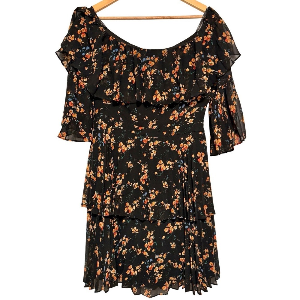 Bardot Midnight Floral Ruffle Mini Dress 8 Black Chiffon Boho Tiered Whimsigoth